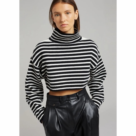 The Frankie Shop Athina Wool Cropped Turtleneck Sweater in Black Stripe Size M/L - Picture 10 of 14